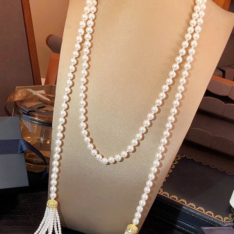 轻奢风小众叠戴多层长款流苏麦穗满钻珍珠项链复古毛衣链高级感女