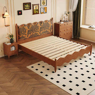 法式中古风全实木床提花波浪涟漪床美式复古带软包高端主卧双人床