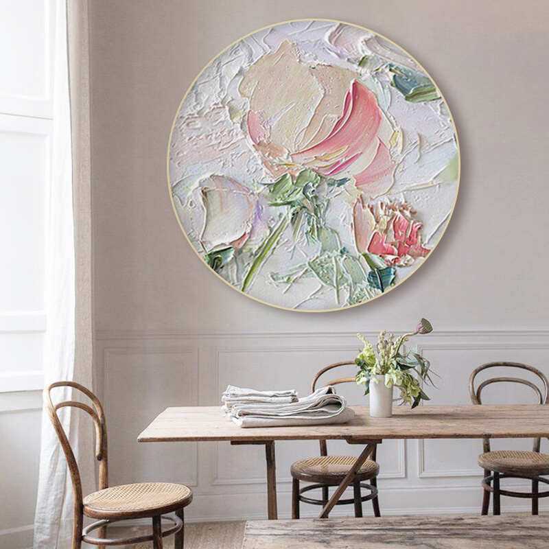 纯手绘石英砂油画客厅餐厅圆形花卉装饰画玄关约厚肌理挂画图片