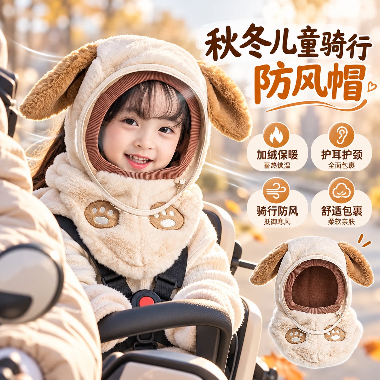 儿童骑行防风帽带透明防雾面罩卡通耳朵可拆卸护脸全包裹防护帽