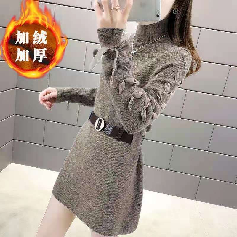毛衣女中长款2024秋冬款宽松长袖针织连衣裙女Q士外穿加绒打底衫