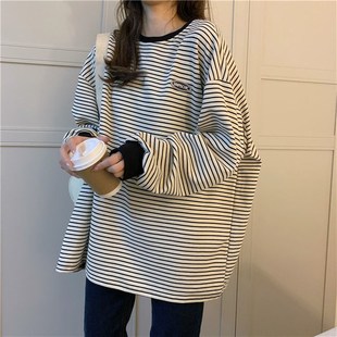Y上衣打 微胖mm2 300斤大尺码 女薄款 条纹休闲上衣春秋百搭显瘦长袖