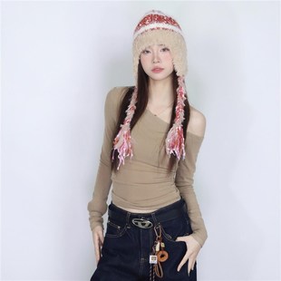 大佬街舞潮牌斜肩长袖 上衣显瘦针织打底百搭秋冬辣妹7853 修身