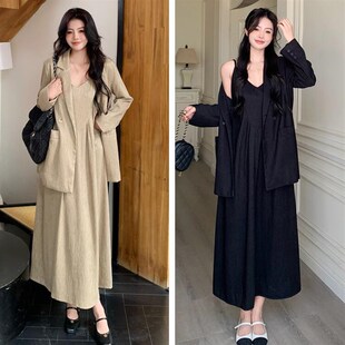 吊带连衣裙两件套 女春夏胖mm宽松休闲西装 大码 高级感气质西服套装