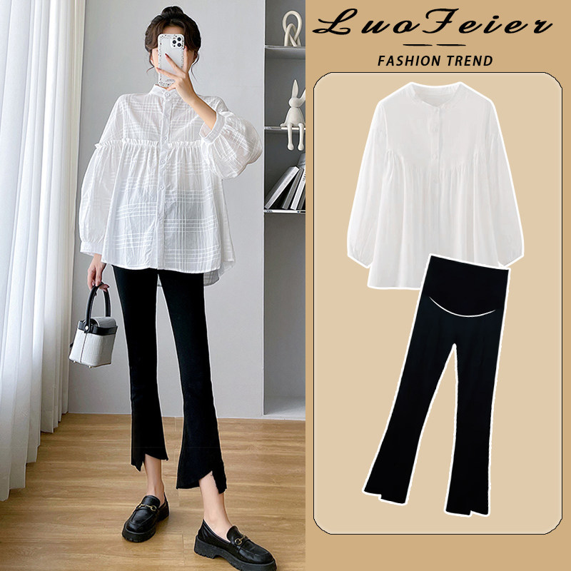 孕妇套装2d023新款外出产检时尚洋气时髦白色上衣裤子两件套春秋