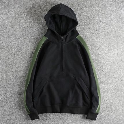 撞色拼接设计感复古潮流连帽卫衣男 加绒加厚冬季V休闲半开领外套