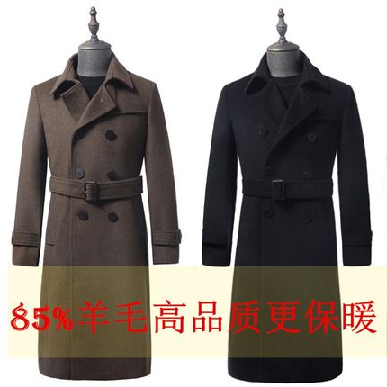 定做新款毛呢大衣男加厚羊绒长版双排扣修身过膝S风衣加肥加大外