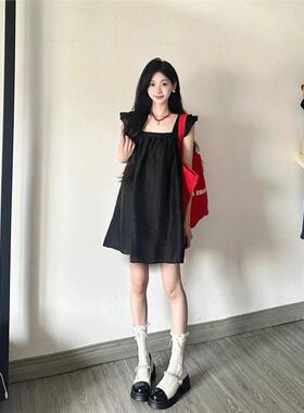 黑色赫飞本风小袖方GKS领吊连衣裙女夏季新带款森系娃裙显娃瘦中