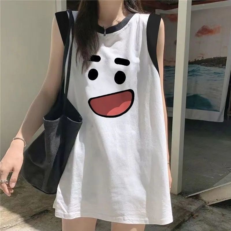 纯棉背心睡裙女夏季宽松显瘦w中长款可爱洋气黑白拼接无袖印花睡