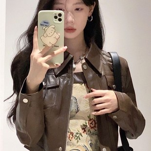 咖色復古皮衣外套女2023秋季 美式 高級M感短款 辣妹風皮夾克上 新款