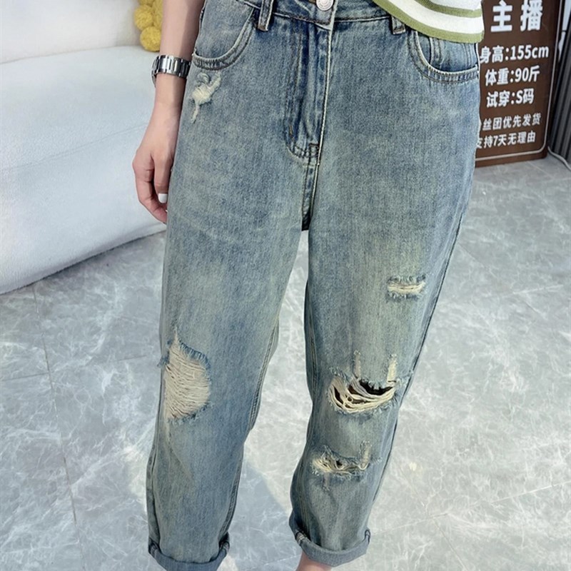 2023夏季新款大码高腰破洞薄款牛仔裤女胖妹妹宽松显瘦直筒老爹裤
