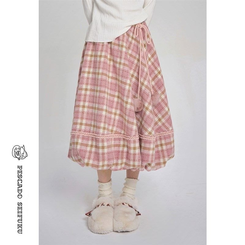 咸鱼衣橱 粉色格子毛呢半身裙女秋冬甜美J学院风中长款高腰a字裙