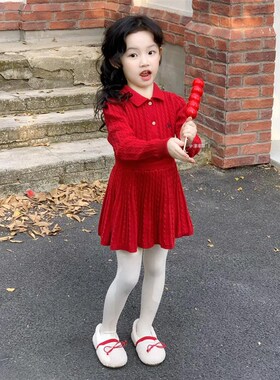 韩国童装2025j秋冬新款红色针织套装女童麻花纹翻领毛衣开衫半身