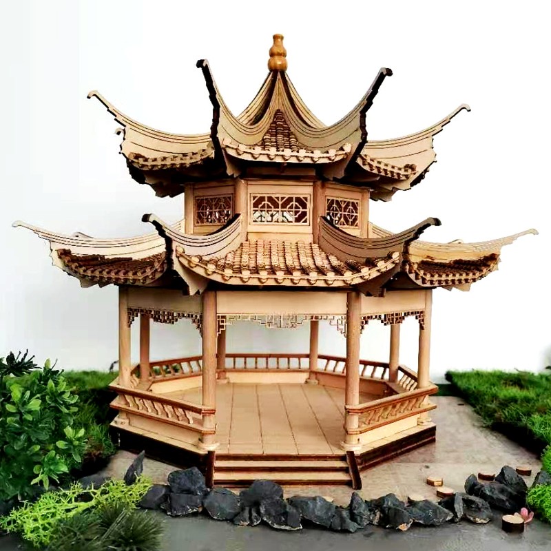 重檐亭仿古中式八角塔亭子diy手C工建筑模型佛塔木质拼装榫卯结构