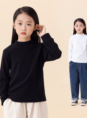 女童加绒打底衫秋j冬2024新款儿童半高领内搭t恤纯棉黑色童装长袖