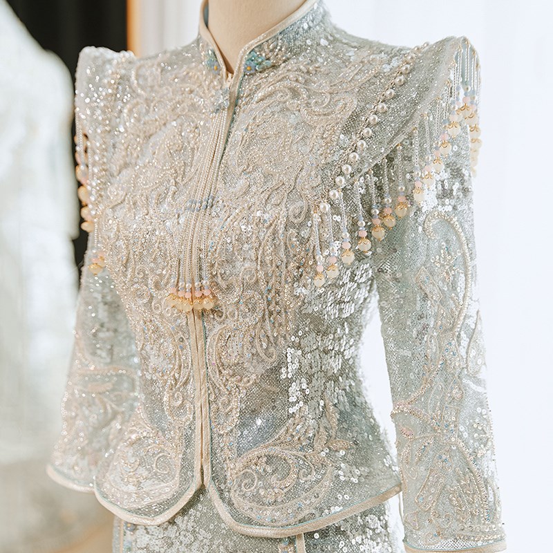 现货高级冰蓝色秀禾服2024年新款结婚仙气薄款中式新娘服龙凤褂婚
