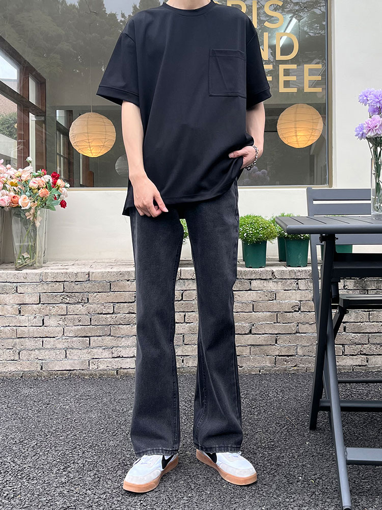 春秋垂感复古微喇烟灰色牛仔裤男款直筒宽松阔腿潮流破洞牛仔裤子