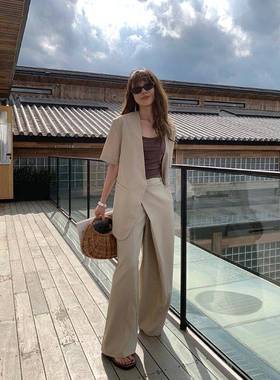 UNITY MODE不规则设计感休闲阔腿西装裤灰色质感直筒裤裤子女夏季