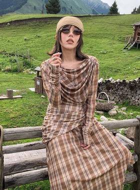 UNITY MODE 复古撞色法式格纹女秋季不规则长裙连衣裙女251101