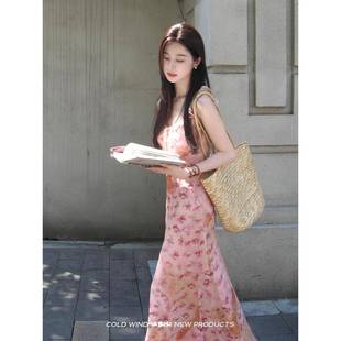 度假风长裙 法式 甜美粉色碎花吊带连衣裙女夏季 新款 气质收腰无袖