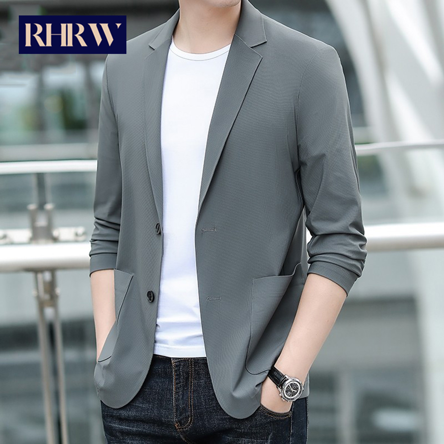 RHRW冰丝薄款防晒西服男2026年夏季新款休闲商务单西免烫抗皱西装