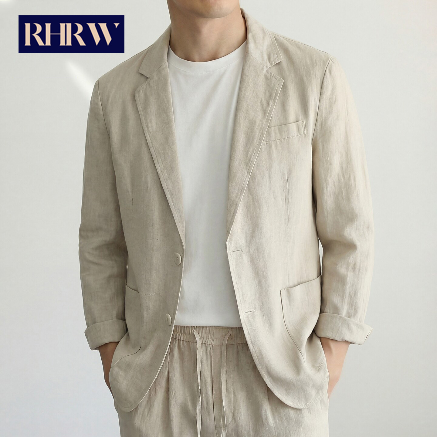 RHRW简约风亚麻休闲西服男士2026春夏季新款纯色商务棉麻单西外套