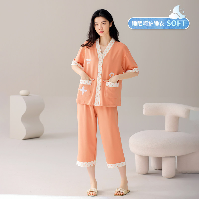 蕉晚睡衣女纯棉夏季天薄款短袖七分裤2024年新款可外穿家居服套装