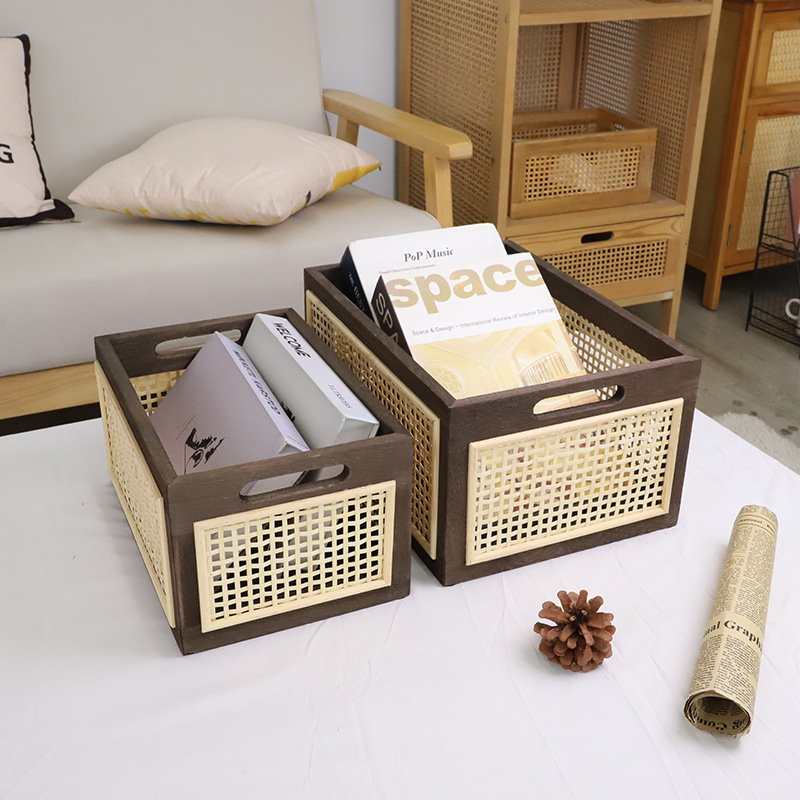 新中式实木收纳筐长方形藤编镂空木盒木框桌面化妆品零食收纳盒子