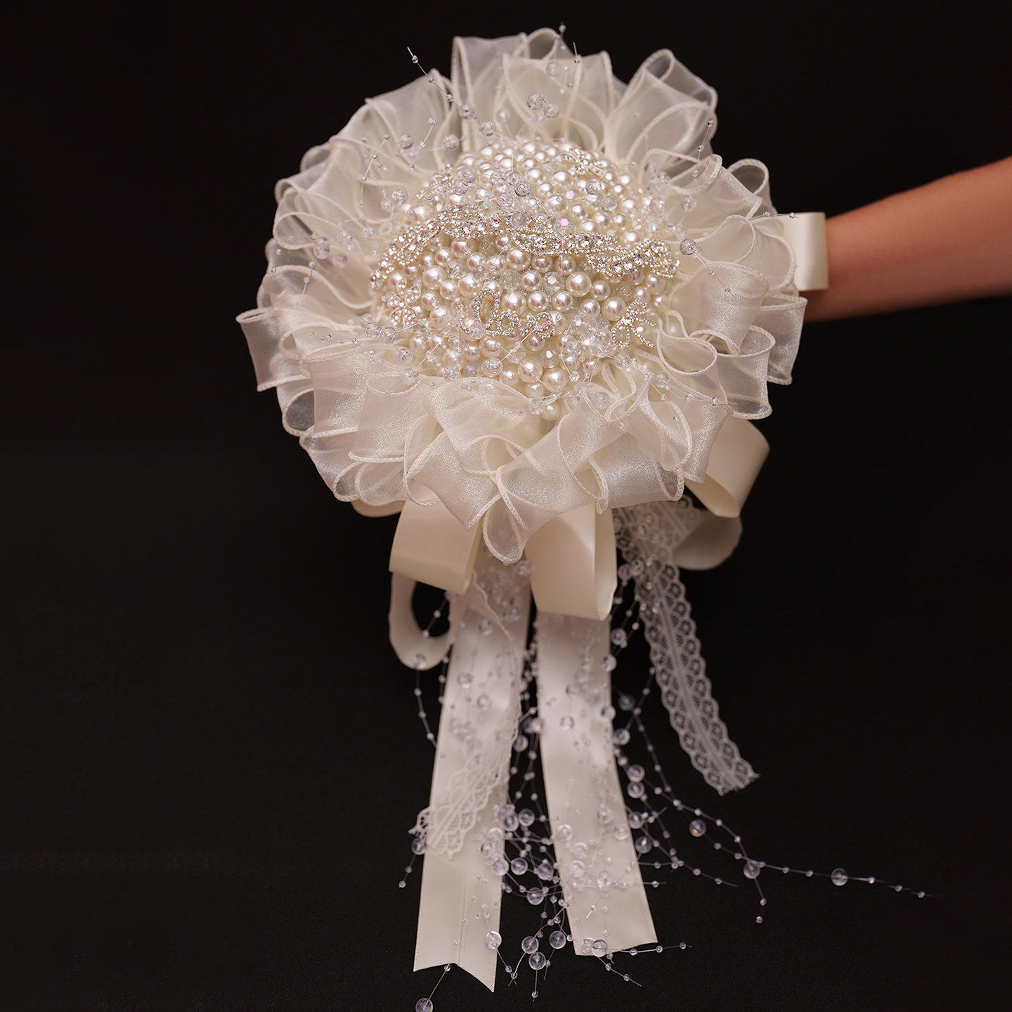 炼条珍珠手捧花新娘结婚婚纱权杖diy材料包高级米白色水钻饰品