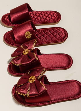 结婚拖鞋四季喜庆红色情侣婚庆陪嫁绸缎感新婚一对夏直销