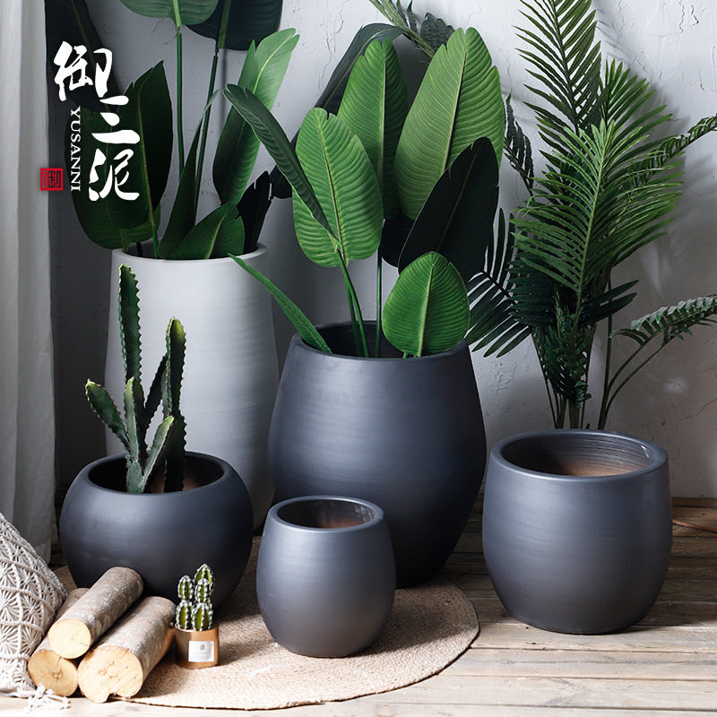 御三泥现代简约陶瓷北欧创意花瓶花盆室内外客厅摆件大口径绿植盆