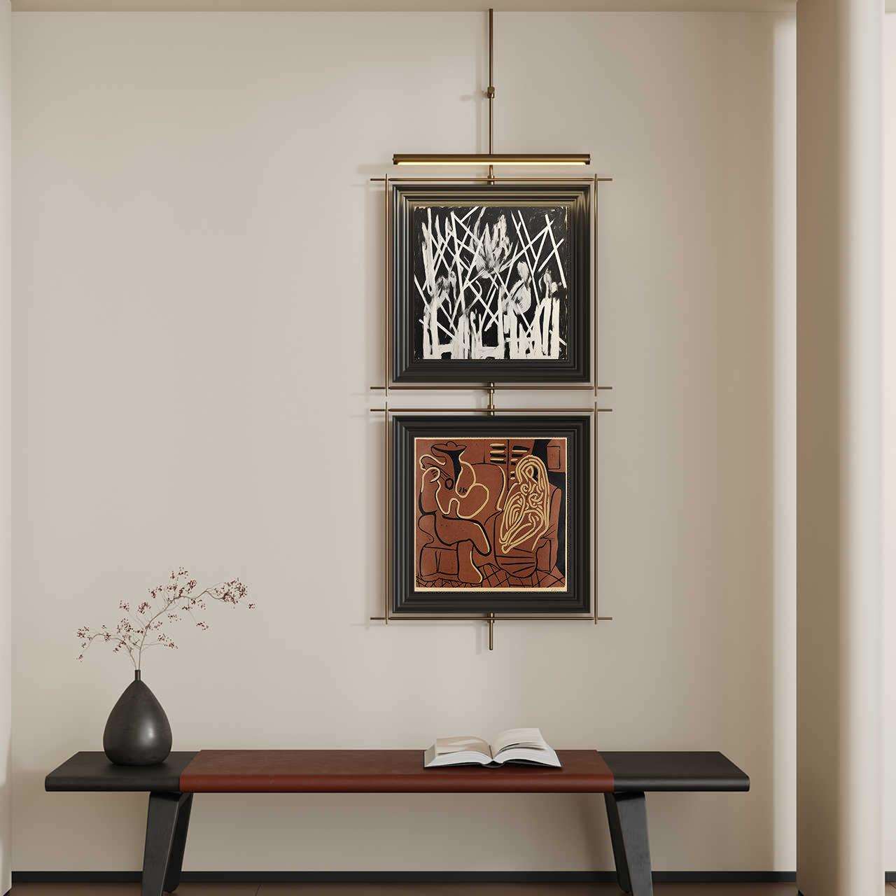 新款设计师灯光挂画现代吊杆装置画卧室别墅样板间客厅金属装饰画
