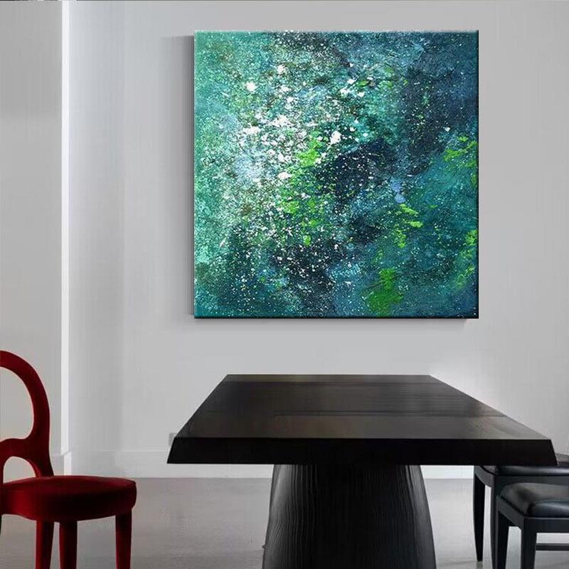 手绘肌理油画绿色餐厅客厅抽象装饰画高级感简约现代正方形无框画
