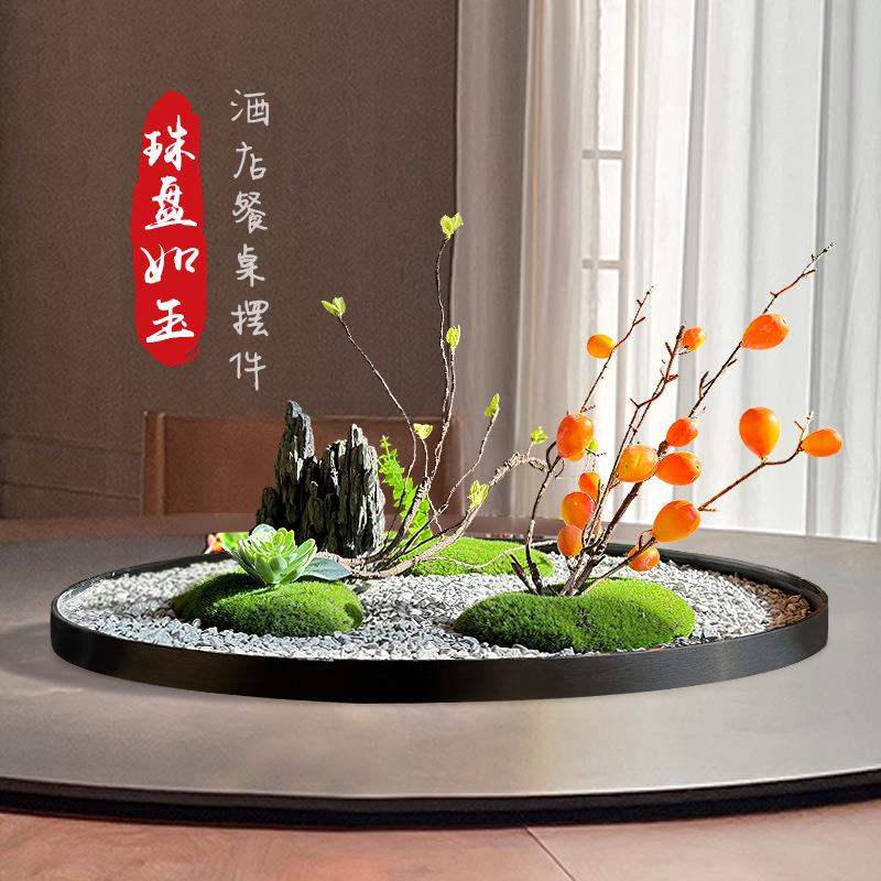 酒店餐桌转盘桌花微缩景观装饰品桌芯饭桌中间创意大圆桌摆件绢花
