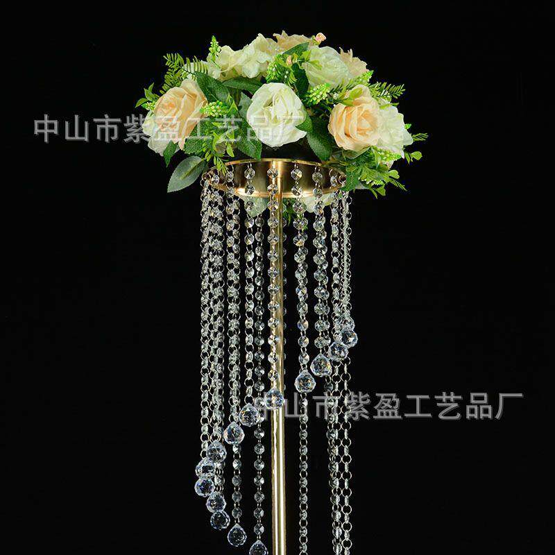 跨境欧式水晶金色婚礼路引道具舞台装饰摆件流苏珠链蛋糕花架
