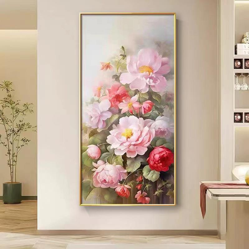 牡丹花酒店装饰画竖版走廊过道客厅挂画纯手绘油画花开富贵