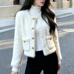 白色小香风毛绒外套女2025秋冬小个子独特超好看气质高端短款上衣