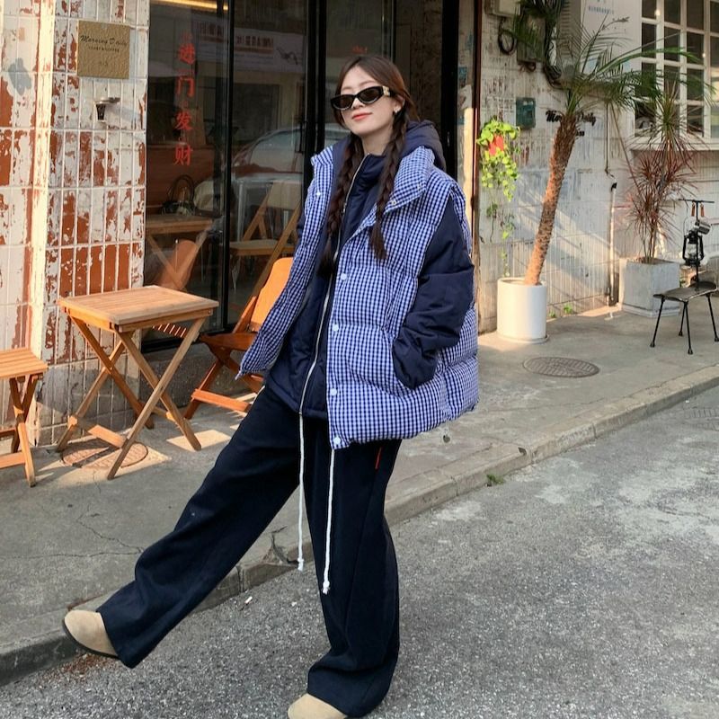 韩系高级感蓝色格子羽绒棉衣马甲女冬季加厚外穿面包棉袄外套上衣