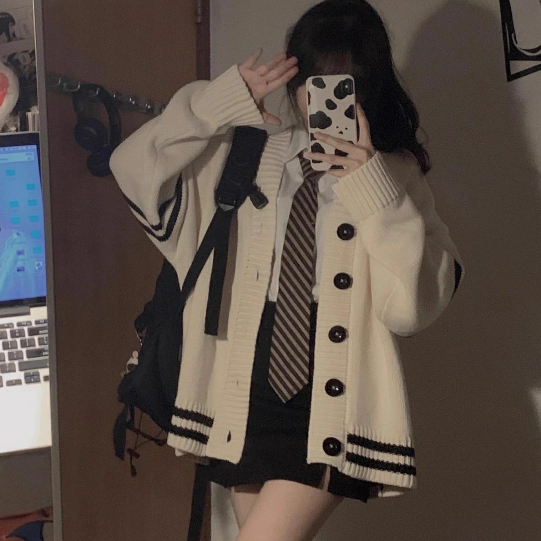 温柔风开衫软糯毛衣女秋冬新款学院风百搭针织衫宽松外穿V领上衣