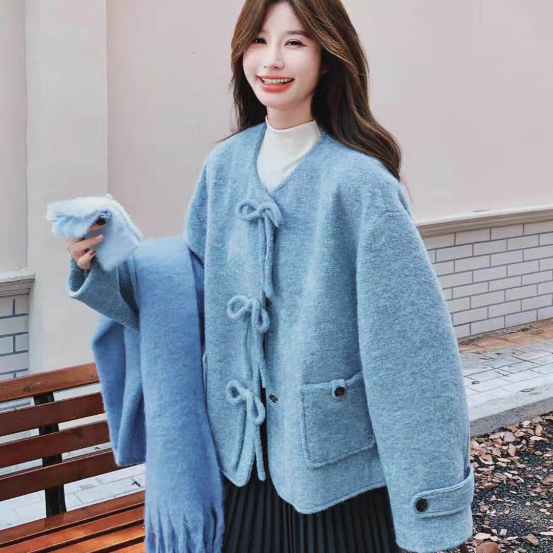 超好看蓝色蝴蝶结毛呢外套女冬季高级感轻奢名媛小个子呢子短上衣