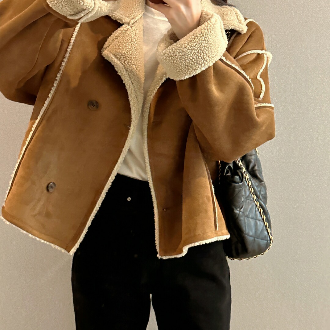 韩版chic 冬季长袖双排扣百搭西装领纯色麂皮绒外套