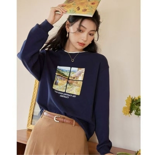 已出货 梵高联名艺术油画感印花卫衣女士宽松显瘦秋圆领套头上衣