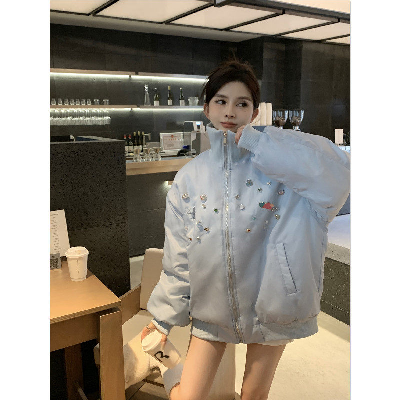 实拍#高级感重工镶钻刺绣立领棉服外套2023冬季潮流韩版宽松棉衣