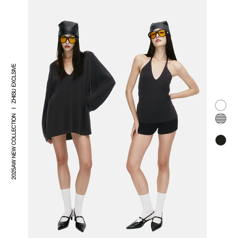 之塑羊毛落肩慵懒连帽毛衫+绕脖背心两件套层次叠穿大袖口大V领