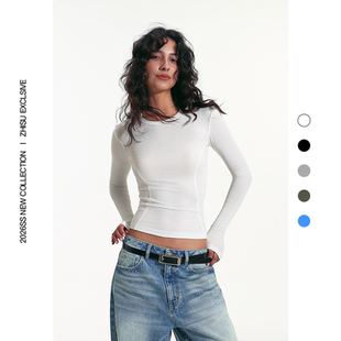 之塑美式复古曲线分割设计收腰修身塑型凉感莱赛尔长袖圆领T恤女