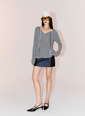 之塑天丝羊毛大圆领小V领挂脖前后两穿宽松慵懒T恤复古条纹上衣女