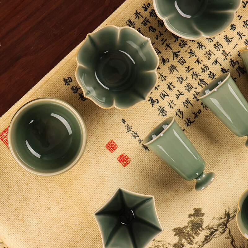 中式复古耀州窑秘色青瓷茶具斗笠花口海棠六角八方茶杯高足主人杯