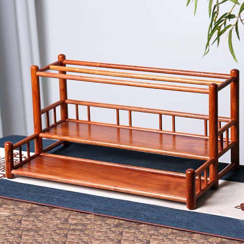 缅甸花梨桌面博古架双层茶具茶器收纳架茶桌摆放架紫砂壶置物架