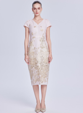 Lillo Lilly【奢品高定】意大利Ruffo Coli真丝提花V领粉色连衣裙