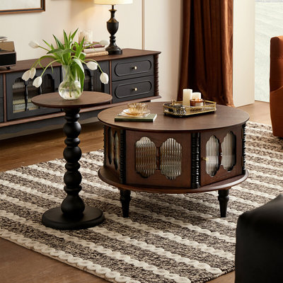 法式复古实木茶几客厅家用约小户型电视柜组合圆形玻璃茶桌